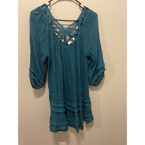 Umgee Dresses & Skirts - Umgee Plus Size Small Bohemian Boho Cut Out Tiered Ruffle Tunic Top Jade